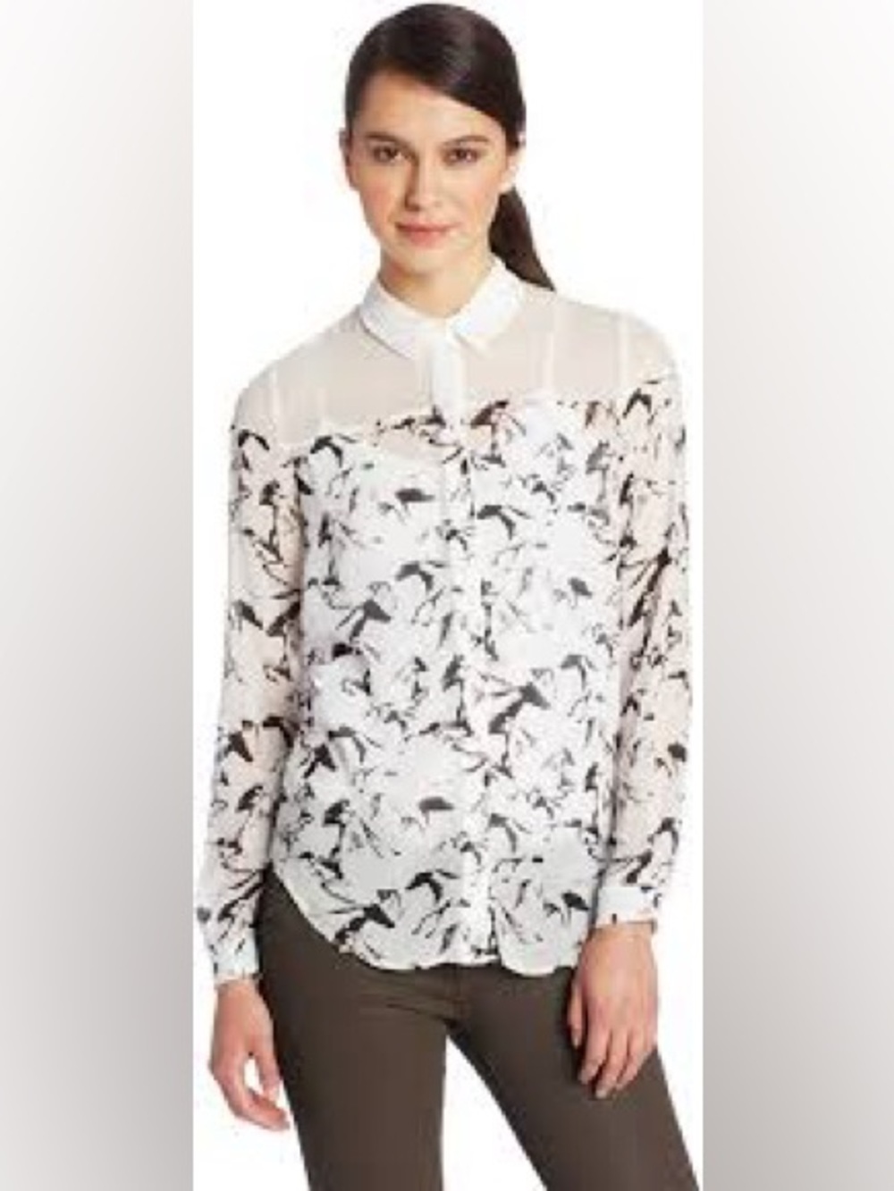 French Connection White Sheer Yoke Button-Down Blouse with Black Bird Print